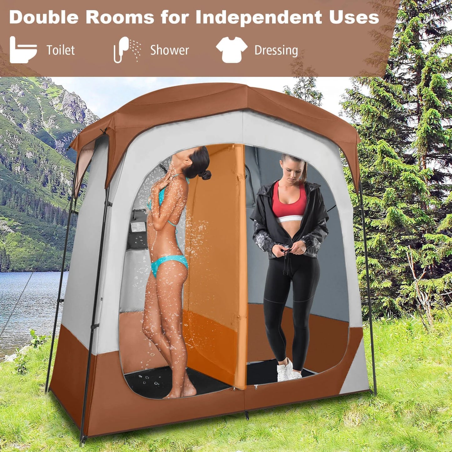 GFNXYI Brown 2-Person Shower Tent, Dual-Room Outdoor Privacy Tent with Stakes & Ropes, Portable Camping Bathing Changing Tent, Water-Resistant Sunshade Camp Shelter