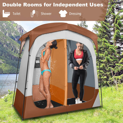 GFNXYI Brown 2-Person Shower Tent, Dual-Room Outdoor Privacy Tent with Stakes & Ropes, Portable Camping Bathing Changing Tent, Water-Resistant Sunshade Camp Shelter
