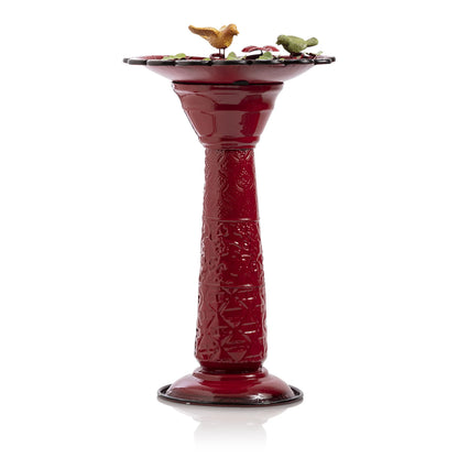 Alpine Corporation 28-Inch Metal Bird Bath with Birds and Leaves, Red