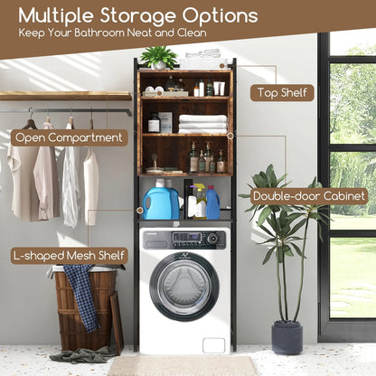 Topbuy Over The Toilet Storage Cabinet 5-Tier Bathroom Toilet Organizer w/2 Metal Mesh Doors & 3-Position Adjustable Shelf