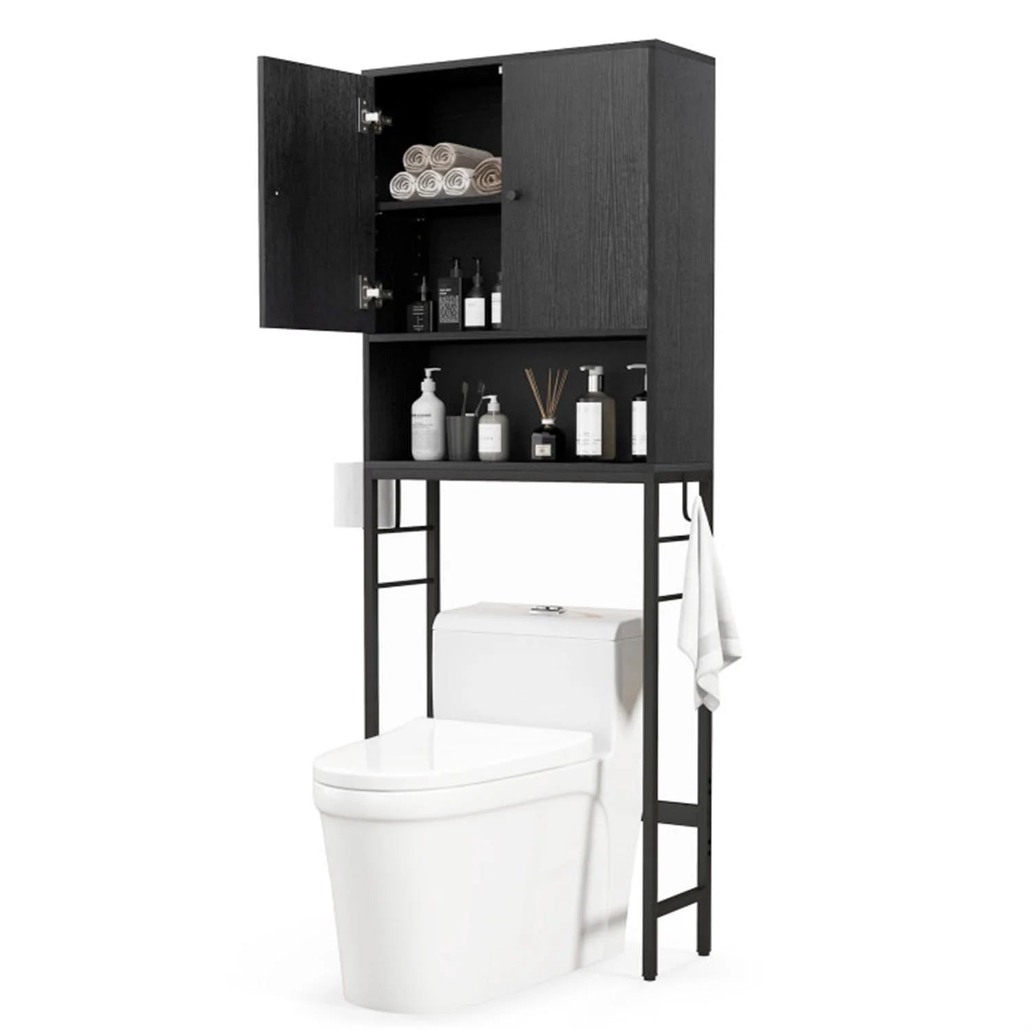 Finihen Over The Toilet Storage Cabinet, Storage Shelf, with 2 Doors and Adjustable Shelf, for Bathroom,Black