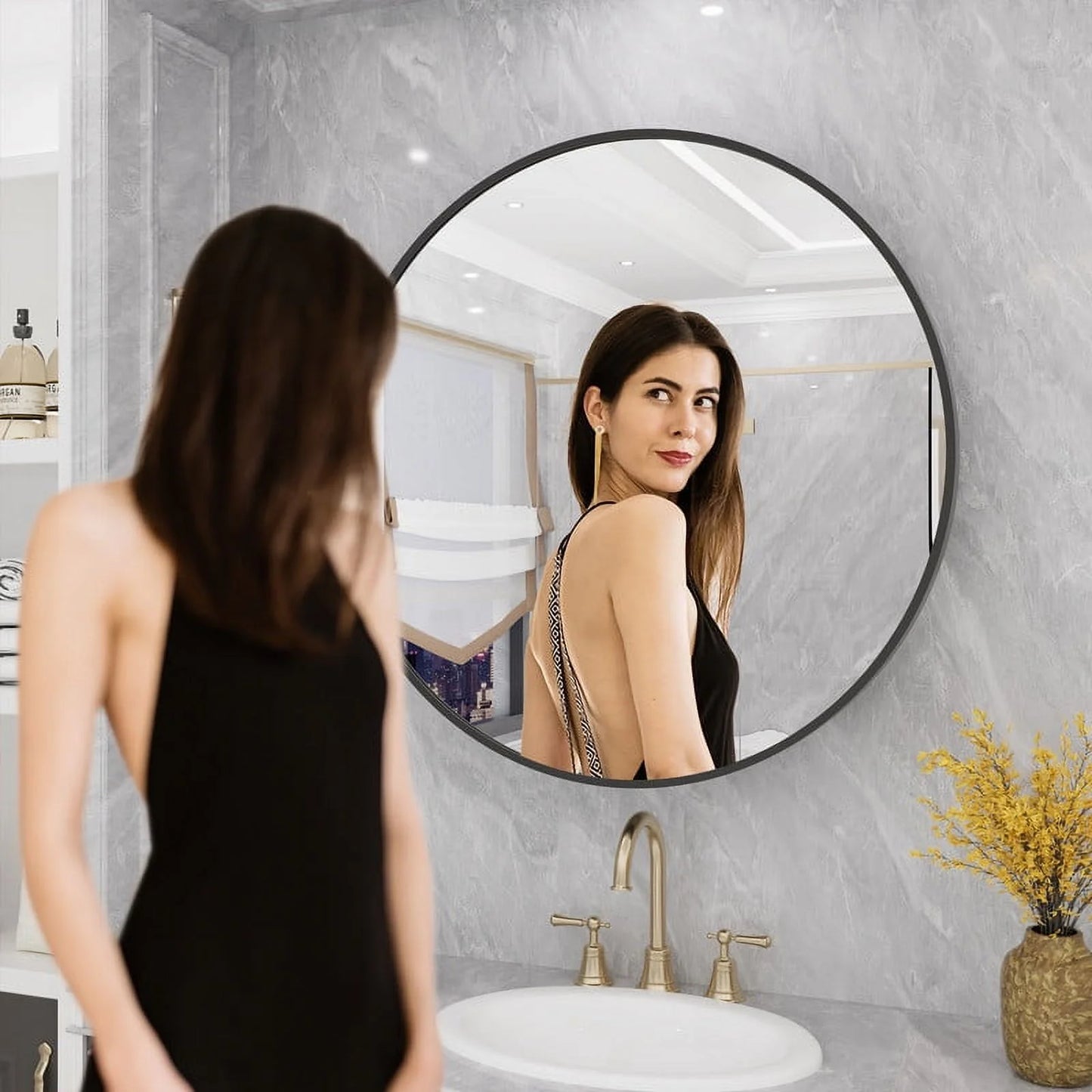 WallBeyond Bathroom Medicine Cabinet with Round Mirror Aluminum Framed 28", Gold