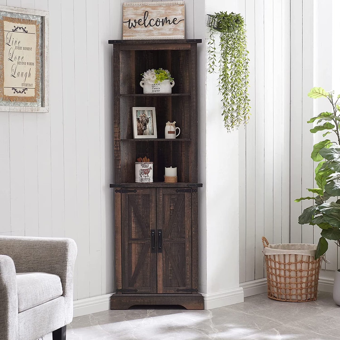 OKD Farmhouse Tall Corner Cabinet with Barn Door & Adjustable Shelves, 68" Rustic Wood Corner Cabinet with Storage Cabinet for Bathroom, Kitchen, Antique White