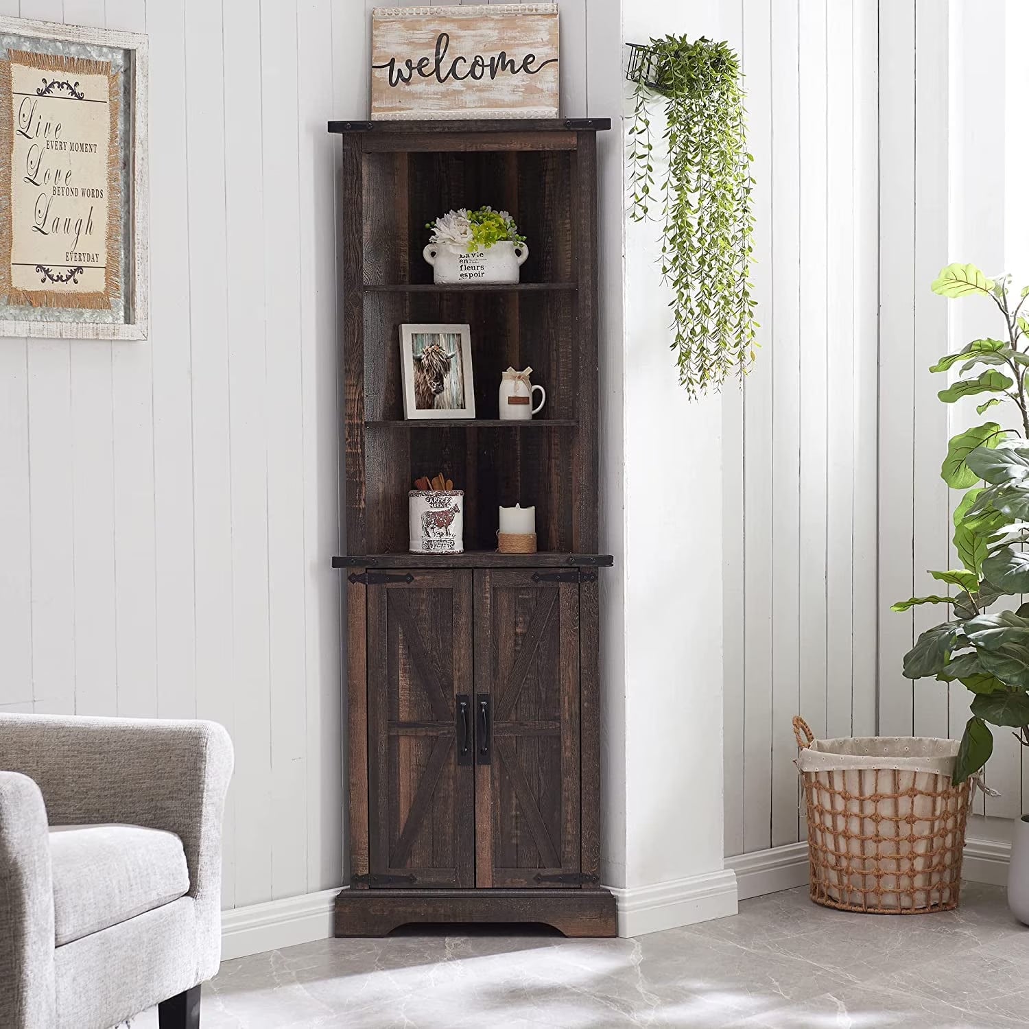OKD Farmhouse Tall Corner Cabinet with Barn Door & Adjustable Shelves, 68" Rustic Wood Corner Cabinet with Storage Cabinet for Bathroom, Kitchen, Antique White