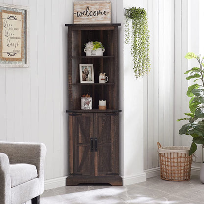 OKD Farmhouse Tall Corner Cabinet with Barn Door & Adjustable Shelves, 68" Rustic Wood Corner Cabinet with Storage Cabinet for Bathroom, Kitchen, Antique White