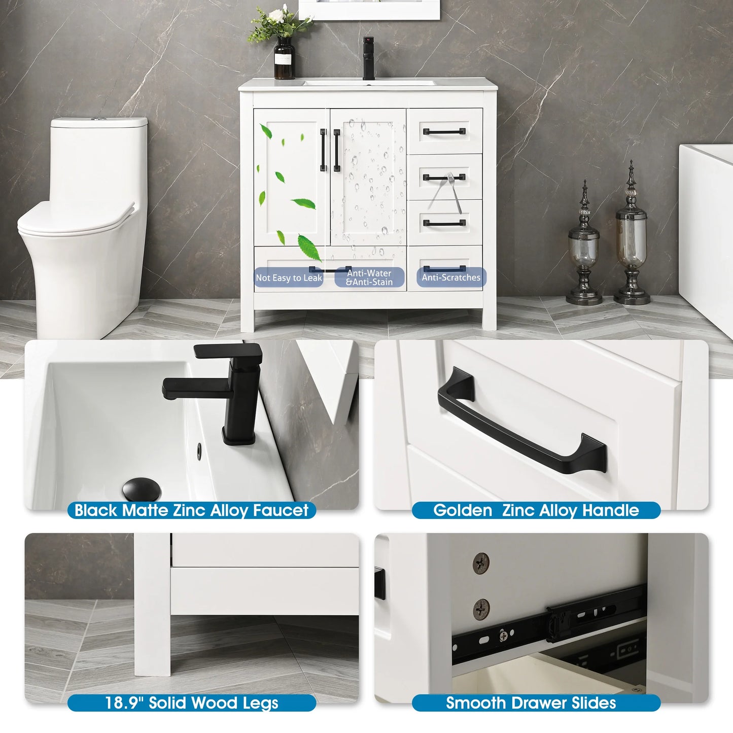 Eclife 36" White Bathroom Vanity Set with Ceramic Sink Top and Water Saving Faucet Drain