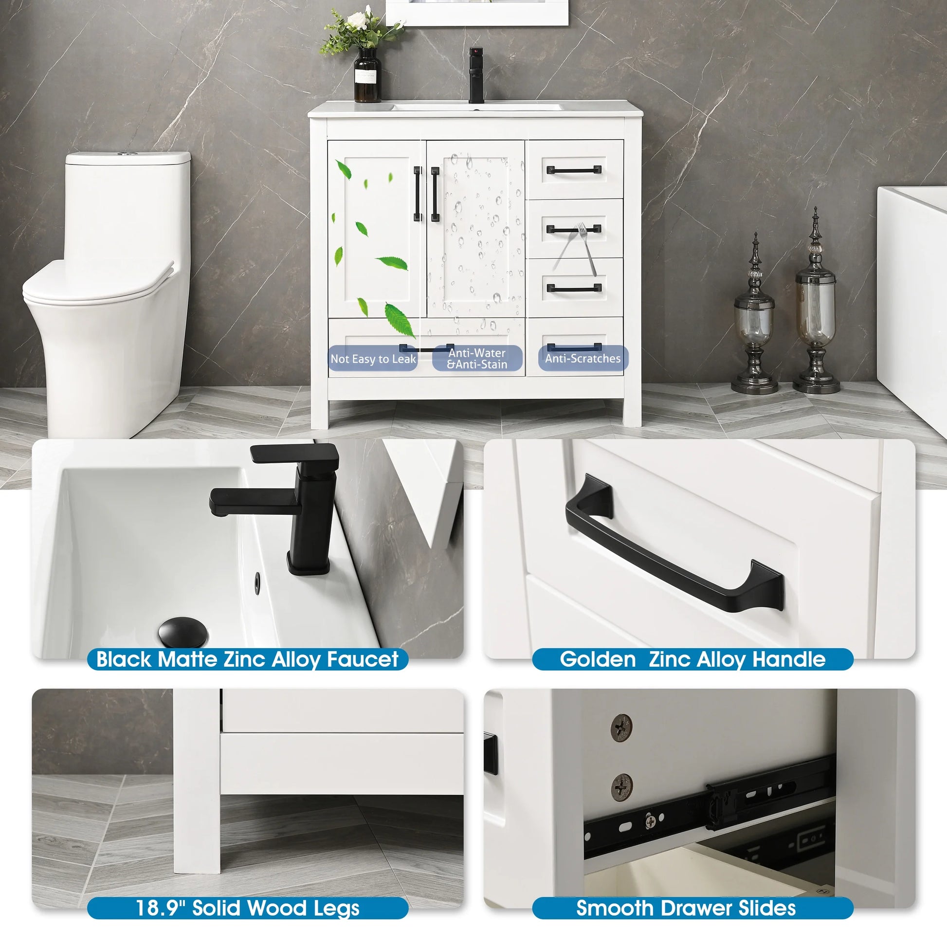 Eclife 36" White Bathroom Vanity Set with Ceramic Sink Top and Water Saving Faucet Drain