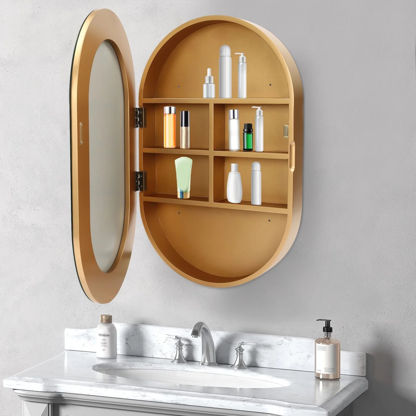 Gold Mirror Cabinet Oval Bathroom Wall-Mounted Mirror Cabinet Wood Storage Cabinet Mirror Surface W/Hide Shelves for Bathroom Toilet Balconies (19.76 * 30.82 * 4.05in)