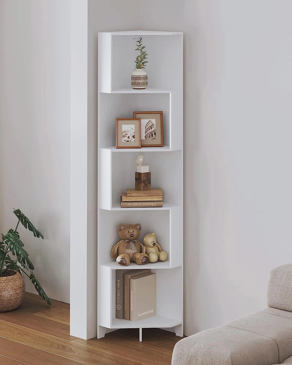 Bookshelf Corner Shelf Bookcase, Wooden 5-Tier Book Shelves Display Cabinet For Living Room,Bedroom,Bathroom, White