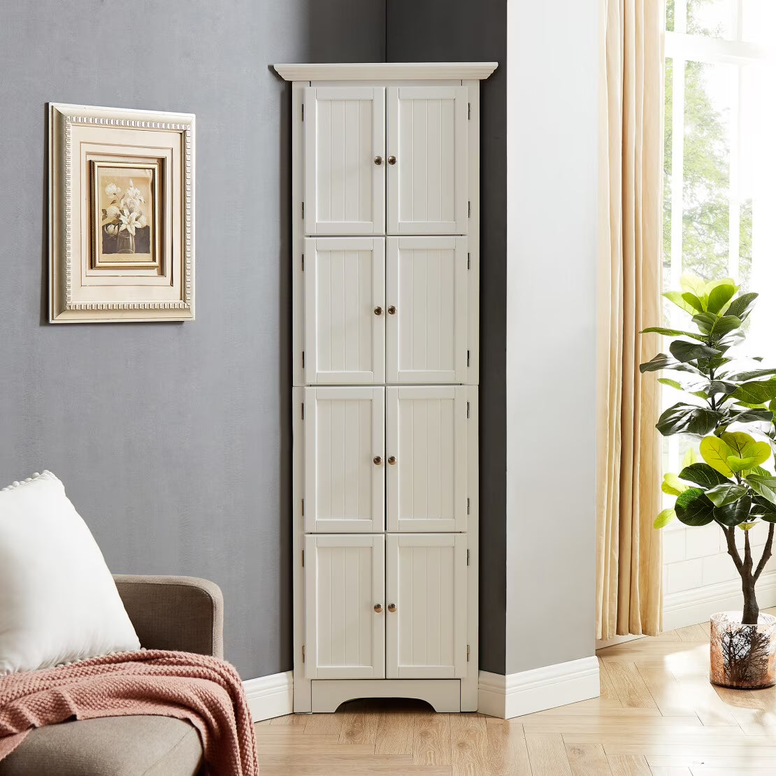 Freestanding Tall Storage Cabinet with 4 Doors and 4 Shelves, Large Bathroom Cabinet, Freestanding Kitchen Pantry Cabinet for Living Room, Kitchen, Dining Room, Office