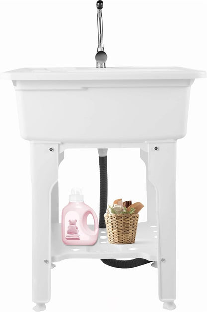 Utility Sink Laundry Tub,Freestanding Plastic Laundry Sink with Washboard, Slop Sink Garage Sink Portable Sink For Laundry Room, Garage, Bathroom, Kitchen (31.5in, White)
