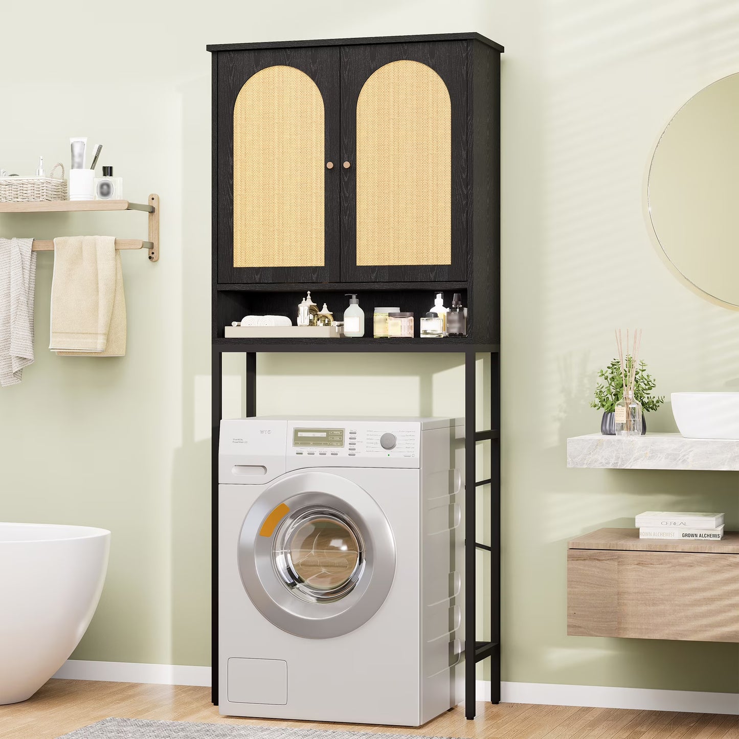 VEANERWOOD Rattan Over The Toilet Storage Cabinet, Bathroom Space-Saving Toilet Rack with Cupboard Metal Stand & Adjustable Shelf, Space Saver