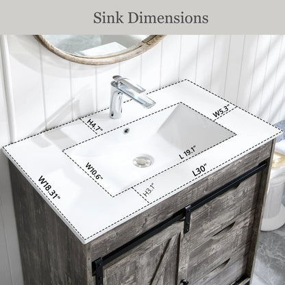 MIHOVER 30" Farmhouse Bathroom Vanity with Sink, Bathroom Dresser with 3 Drawers & Adjustable Shelves
