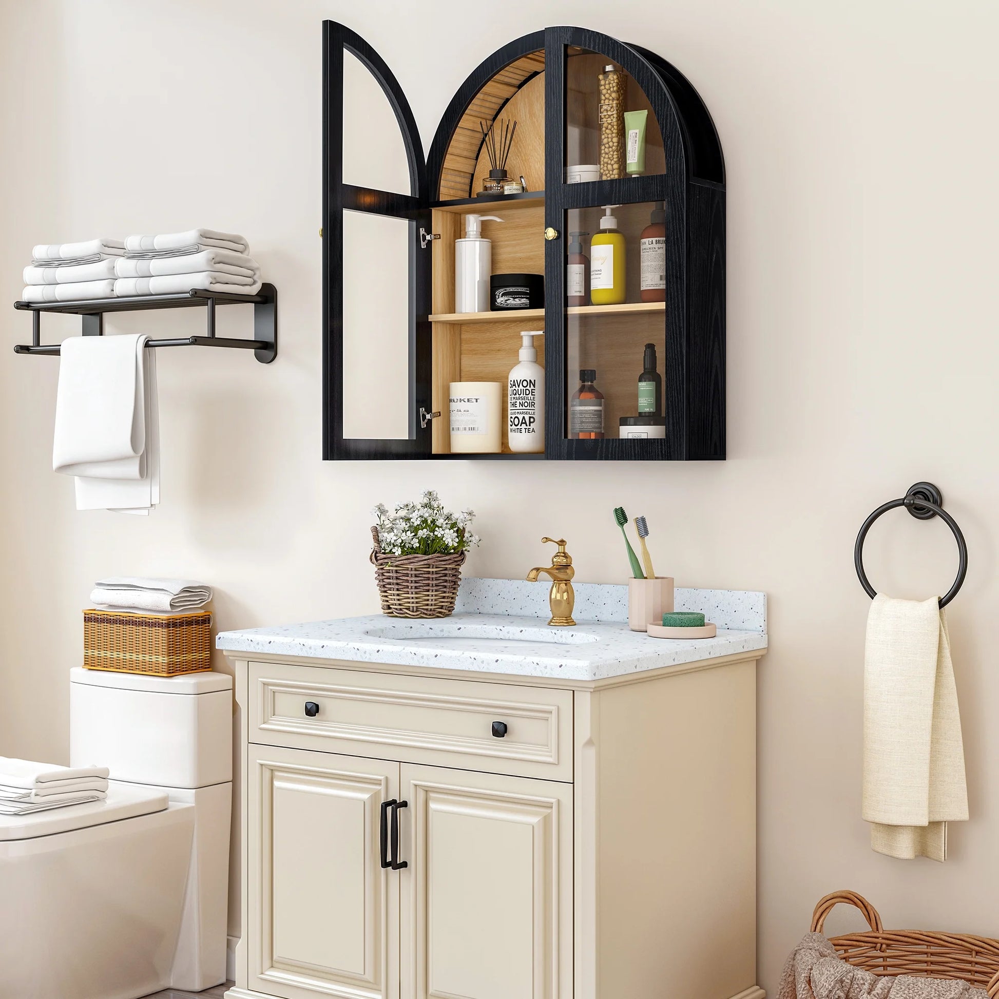 LEFHDA Arched Wall Cabinet with Glass Door, Black Open Storage Cabinet, Hanging Bathroom Shelf, Modern Wall Bathroom Cabinet with Adjustable Shelf Gold Metal Handles