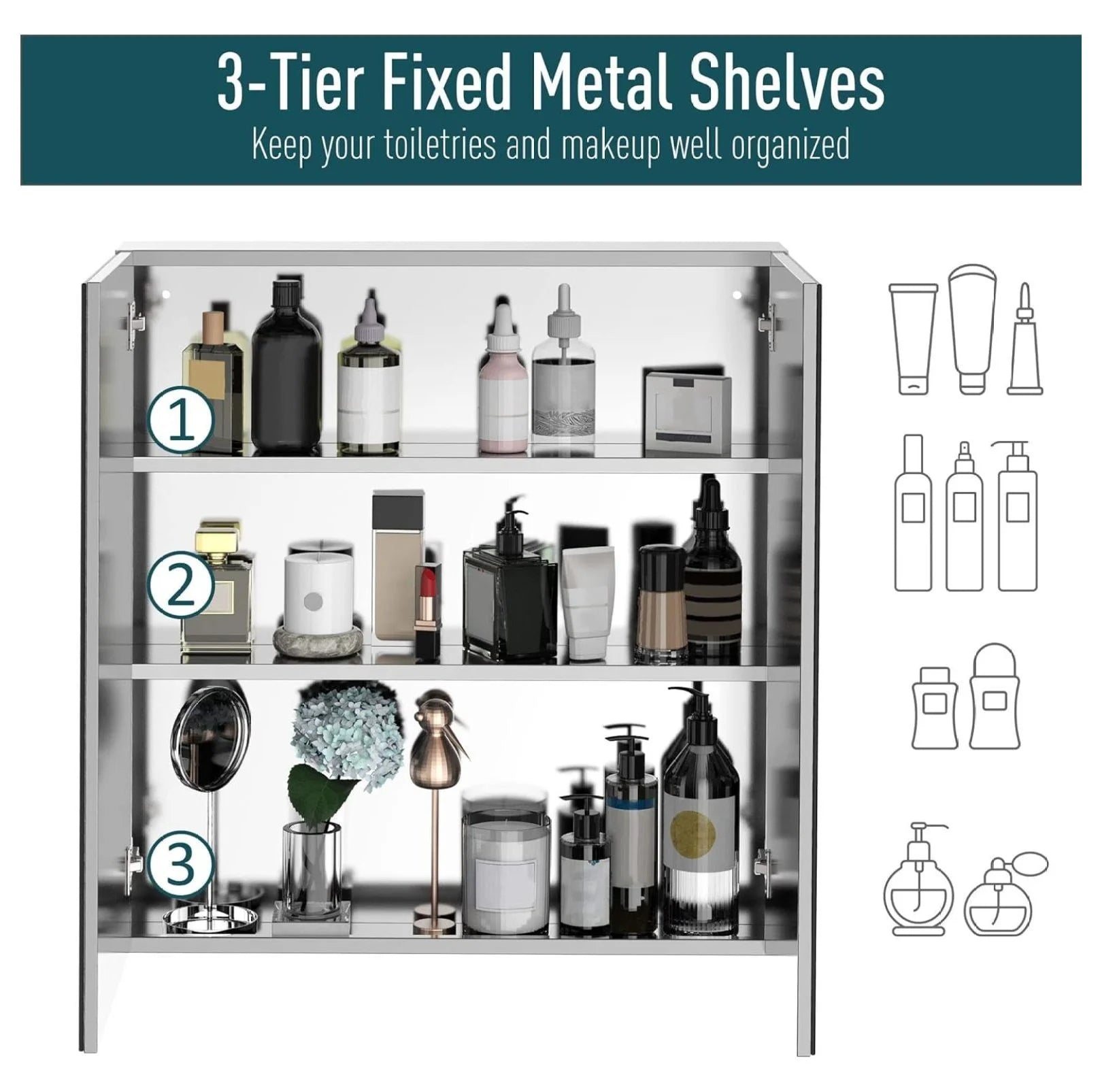 Alieon Bathroom Mirrored Cabinet, 24"x26" Stainless Steel Frame Medicine Cabinet, Wall-Mounted Storage Organizer with Double Doors, Silver