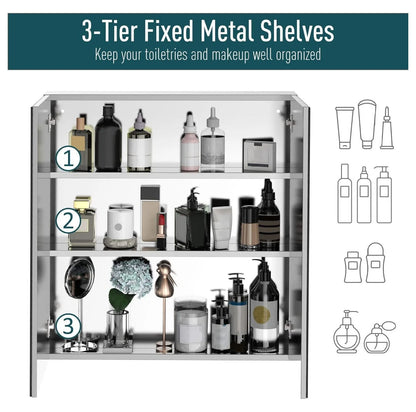 Alieon Bathroom Mirrored Cabinet, 24"x26" Stainless Steel Frame Medicine Cabinet, Wall-Mounted Storage Organizer with Double Doors, Silver