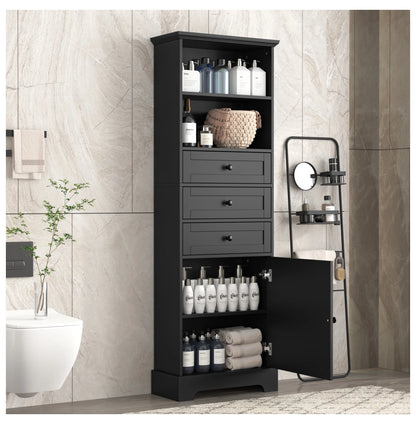 Black Tall Storage Cabinet with 3 Drawers and Adjustable Shelves for Bathroom, Study, Office and Interior, MDF Board with Painted Finish Black + MDF