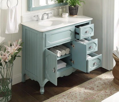 Benton Collection 42" Light Blue Cottage Bathroom Vanity with White Marble Top