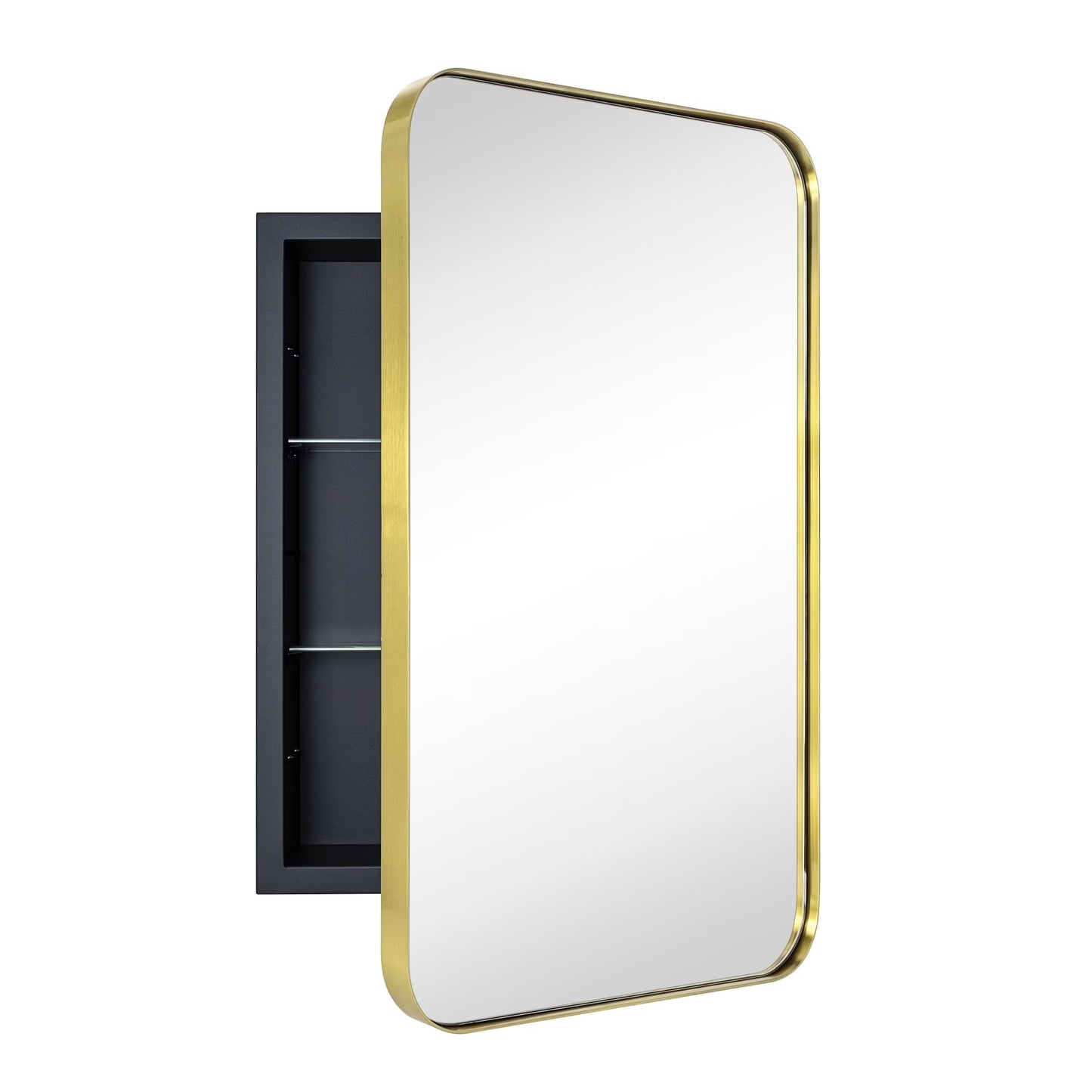 TEHOME Black Rectangle Recessed Bathroom Medicine Cabinet with Mirror Stainless Steel Metal Framed Rounded Rectangular Bathroom Cabinet with Mirror 16x24''