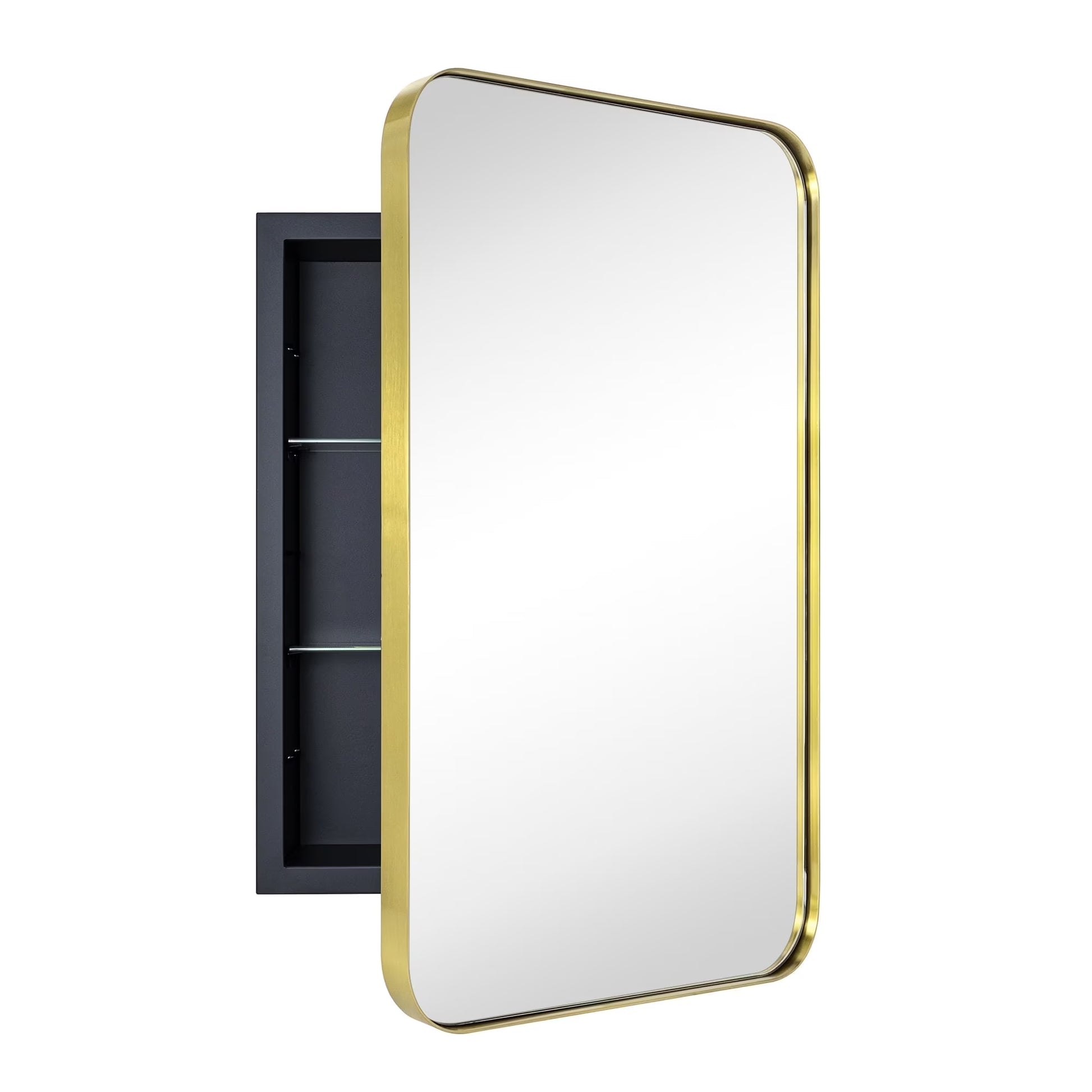 TEHOME Black Rectangle Recessed Bathroom Medicine Cabinet with Mirror Stainless Steel Metal Framed Rounded Rectangular Bathroom Cabinet with Mirror 16x24''
