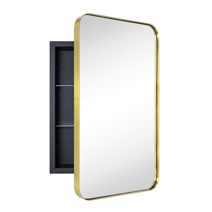 TEHOME Black Rectangle Recessed Bathroom Medicine Cabinet with Mirror Stainless Steel Metal Framed Rounded Rectangular Bathroom Cabinet with Mirror 16x24''
