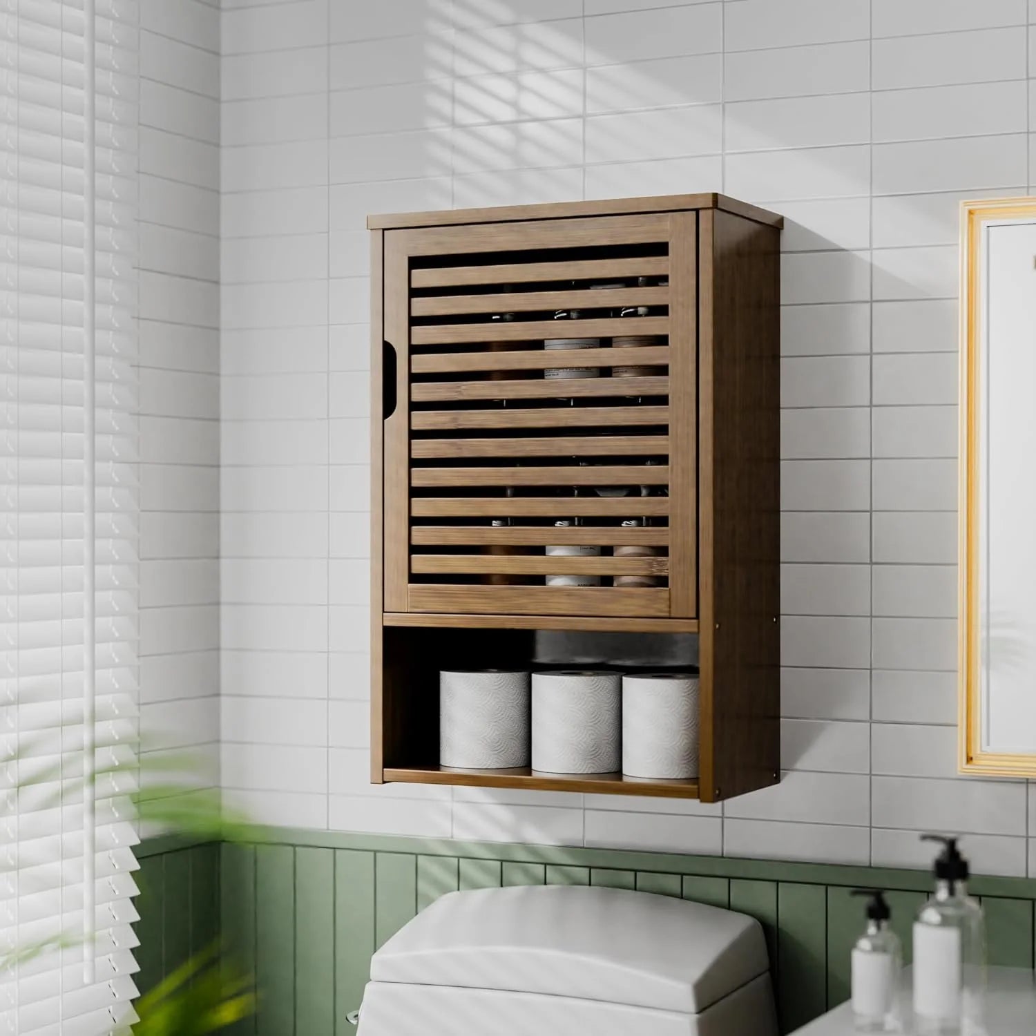 Bathroom Storage Cabinet Wall Mounted, Hanging Medicine Cabinet with Adjustable Shelf, Over The Toilet Space Saver Organizer, Black Bamboo Kitchen Cupboard, Single Door