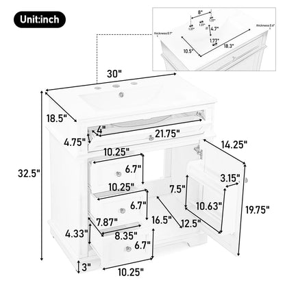 30 Inch Bathroom Vanity with Sink Combo, Solid Wood Frame Bathroom Vanities with 3 Drawers and 1 Tip-out Drawer & Soft Closing Doors, Modern Bathroom Sink Cabinet with Undermount Sink (White)