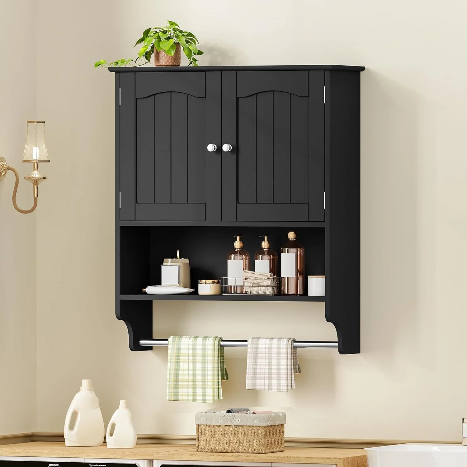 Bathroom Wall Cabinet with Adjustable Shelf & Doors, Over The Toilet Storage Cabinet, Medicine Cabinet for Bathroom, Laundry Room, Kitchen, Black