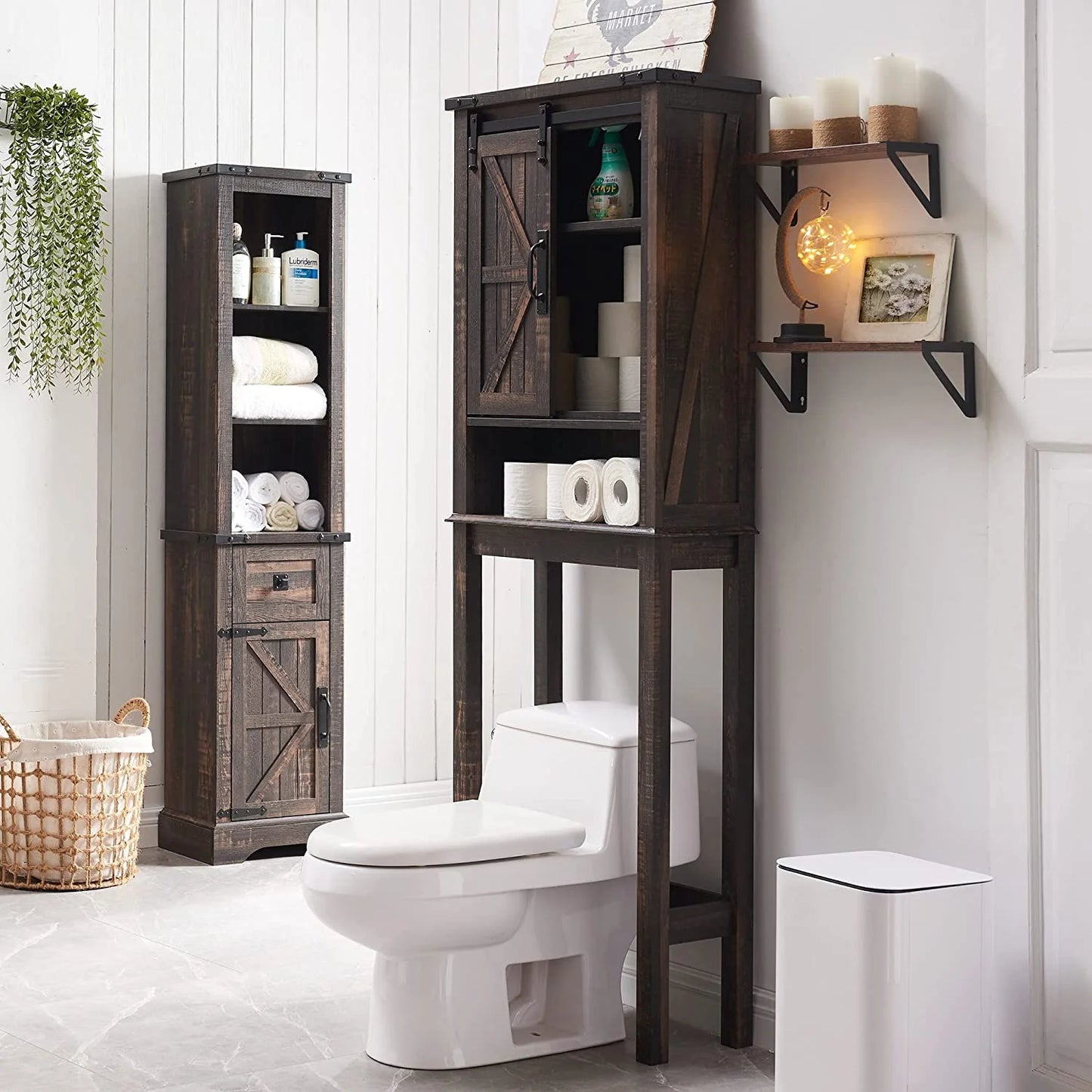 OKD 68In Farmhouse Over The Toilet Storage Cabinet with Sliding Bathroom Organizers and Storage Barn Door & Adjustable Shelves, Dark Rustic Oak
