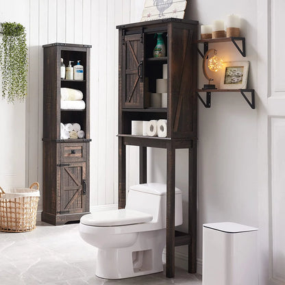 OKD 68In Farmhouse Over The Toilet Storage Cabinet with Sliding Bathroom Organizers and Storage Barn Door & Adjustable Shelves, Dark Rustic Oak