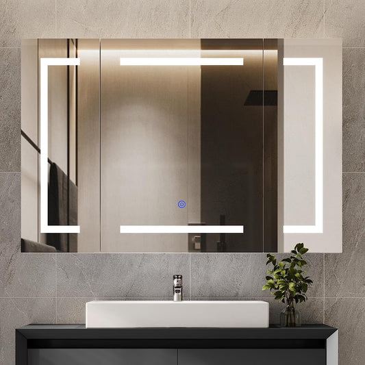 Lighted Medicine Cabinet with Mirror&LED Light for Bathroom,Wall Mounted Bathroom Mirror Cabinet with Storage and 2 Outlet and 3 Doors for Home, White, 39.4" x 23.6"