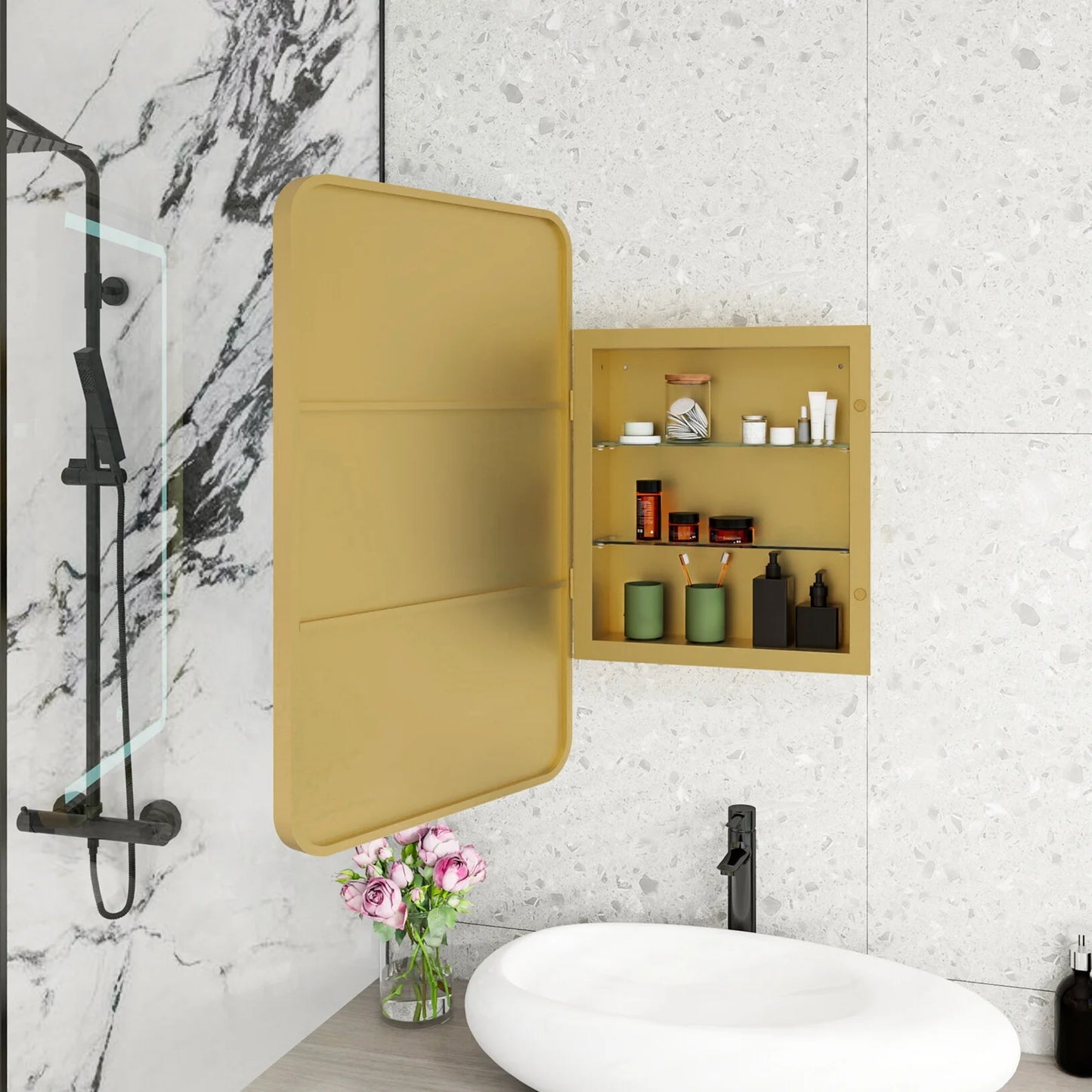 21x34 Inch Gold Medicine Cabinet with LED Mirror, Wall Mounted Bathroom Storage with Adjustable Glass Shelves, Recessed or Surface Mount Design