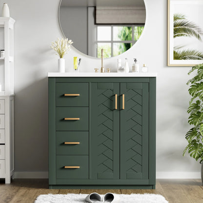 ENSHUI 30-Inch Bathroom Vanity with Ceramic Sink Combo, Solid Wood Frame, 4 Drawers, Soft Closing Doors, Green