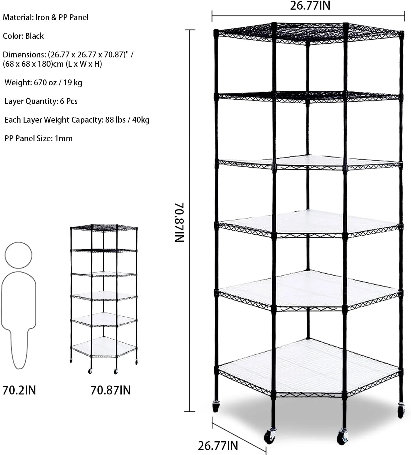 Lovinland Heavy Duty 6-Tier Corner Shelf Stand with Wheels,Adjustable Plastic Storage Wire Shelving Unit Corner Rack Corner Shelving Display for Garage Living Room, Bathroom, Kitchen