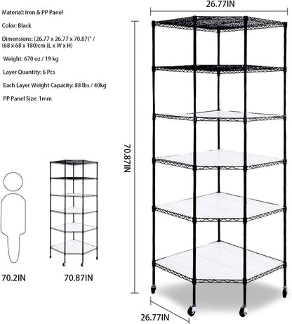 Lovinland Heavy Duty 6-Tier Corner Shelf Stand with Wheels,Adjustable Plastic Storage Wire Shelving Unit Corner Rack Corner Shelving Display for Garage Living Room, Bathroom, Kitchen