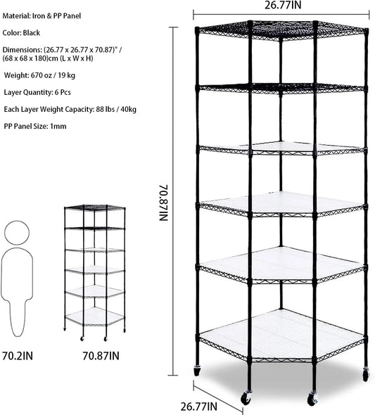 Lovinland Heavy Duty 6-Tier Corner Shelf Stand with Wheels,Adjustable Plastic Storage Wire Shelving Unit Corner Rack Corner Shelving Display for Garage Living Room, Bathroom, Kitchen