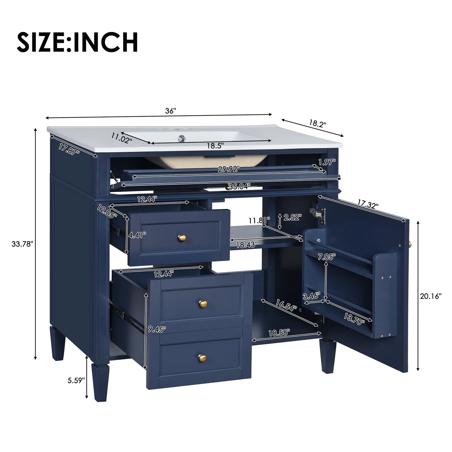 EUROCO 36'' Bathroom Vanity with Sink, Modern Bathroom Storage Cabinet with 2 Drawers and a Tip-out Drawer, Freestanding Bathroom Dresser, Blue