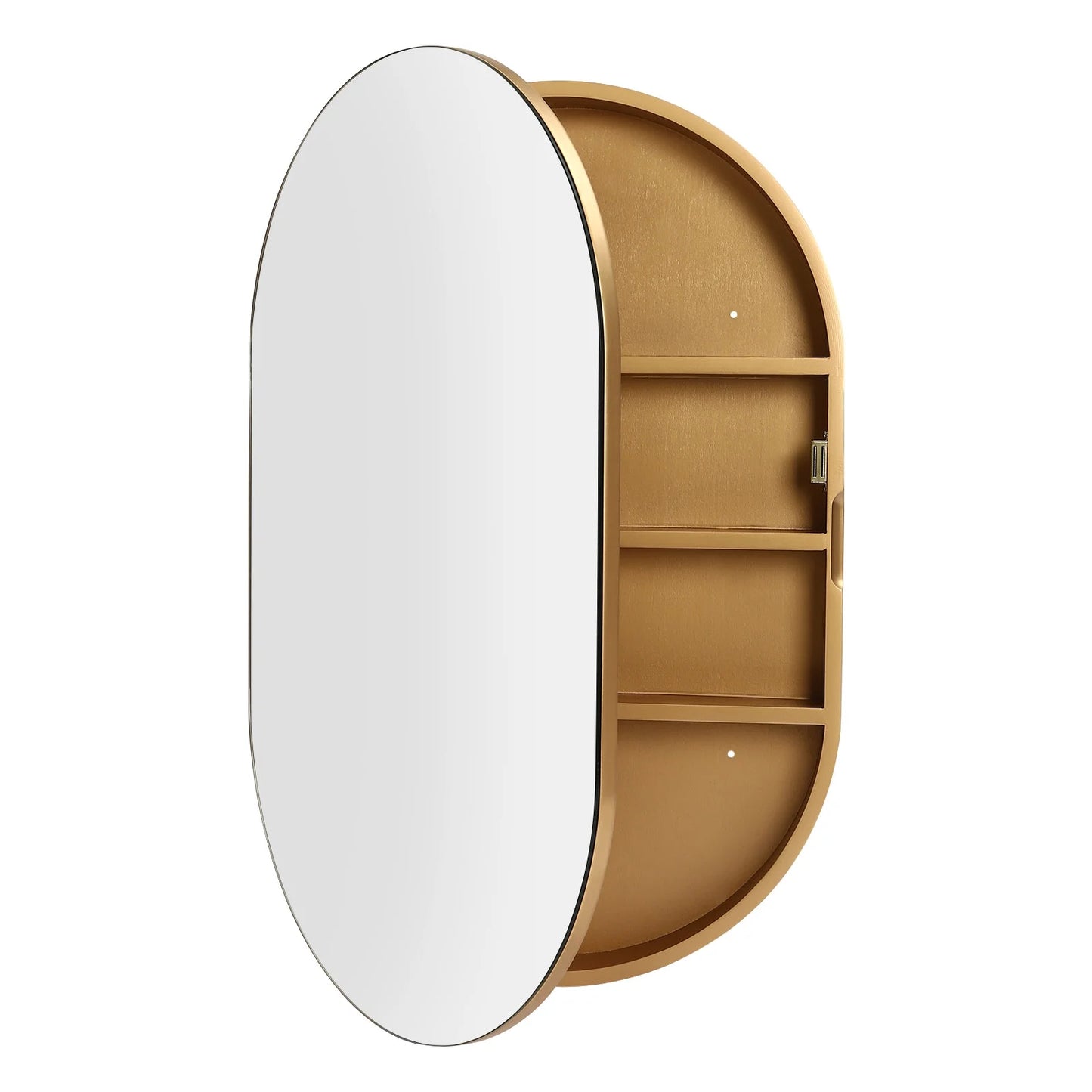 Gold Mirror Cabinet Oval Bathroom Wall-Mounted Mirror Cabinet Wood Storage Cabinet Mirror Surface W/Hide Shelves for Bathroom Toilet Balconies (19.76 * 30.82 * 4.05in)