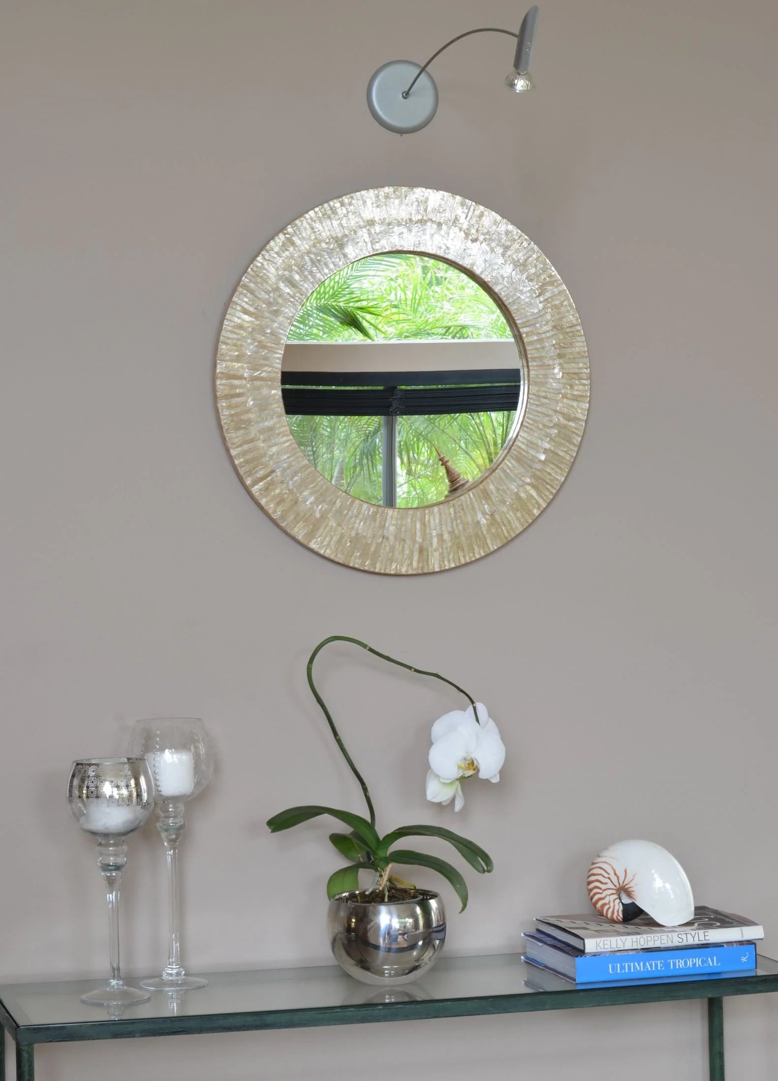 Kouboo Round Capiz Seashell Sunray Wall Mirror, Round Wall Mirror, Mirror For Bathroom Bedroom Living Room Entryway, Natural White