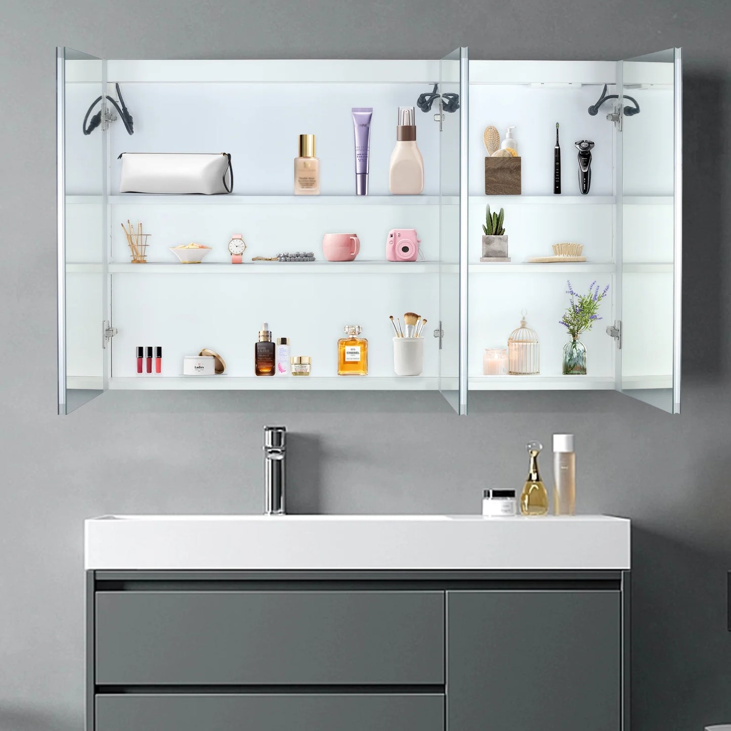 Ktaxon 48"x28" LED Bathroom Mirror Cabinet with Lights, Wall-Mounted Medicine w/ Defogger, Dimmable, Memory function, Outlets & USB, White
