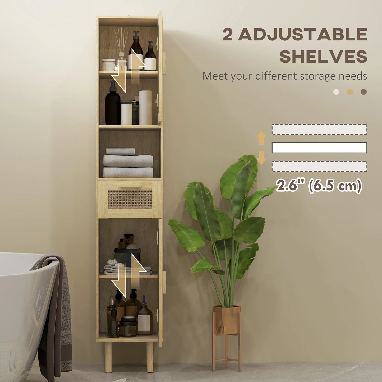 HOMCOM Tall Bathroom Storage Cabinet with Rattan Doors, Distressed Oak