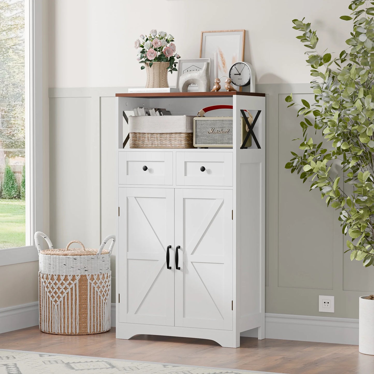HomGarden Floor Storage Cabinet Large Farmhouse Kitchen Pantry Cabinet W/Drawers & Doors & Shelves for Home, Bathroom, Entryway, Living Room, White
