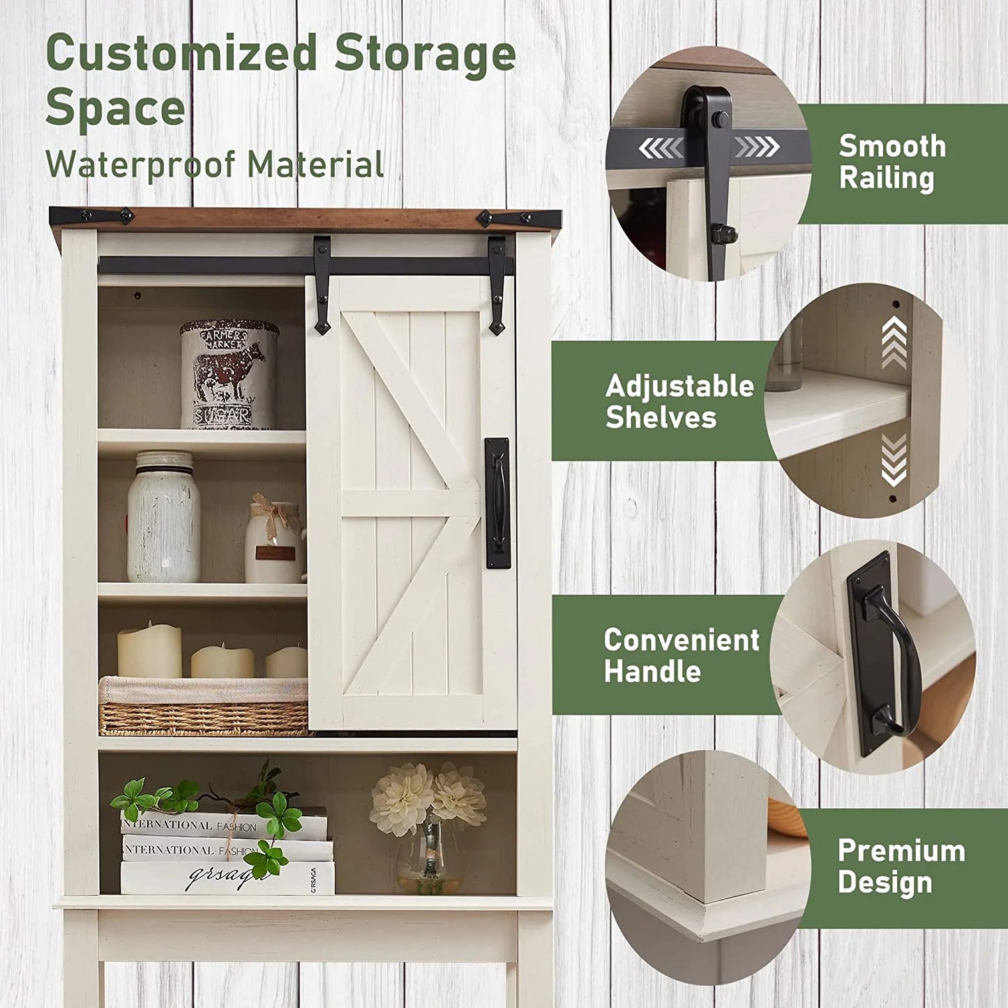 OKD Farmhouse Over The Toilet Bathroom Organizer, Freestanding Storage Cabinet with Sliding Barn Door, Bathroom Space Saver Toilet Stands(Antique White)