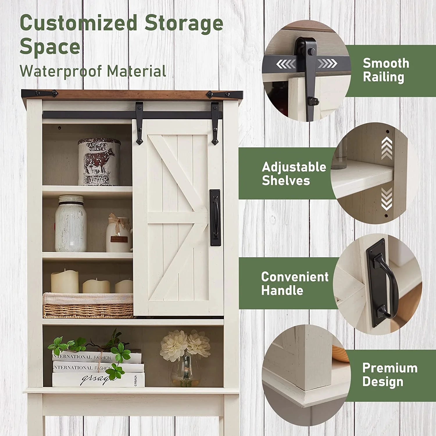 OKD Farmhouse Over The Toilet Bathroom Organizer, Freestanding Storage Cabinet with Sliding Barn Door, Bathroom Space Saver Toilet Stands(Antique White)