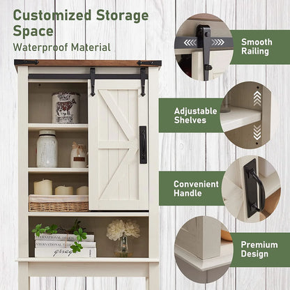 OKD Farmhouse Over The Toilet Bathroom Organizer, Freestanding Storage Cabinet with Sliding Barn Door, Bathroom Space Saver Toilet Stands(Antique White)