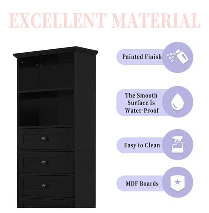 Black Tall Storage Cabinet with 3 Drawers and Adjustable Shelves for Bathroom, Study, Office and Interior, MDF Board with Painted Finish Black + MDF