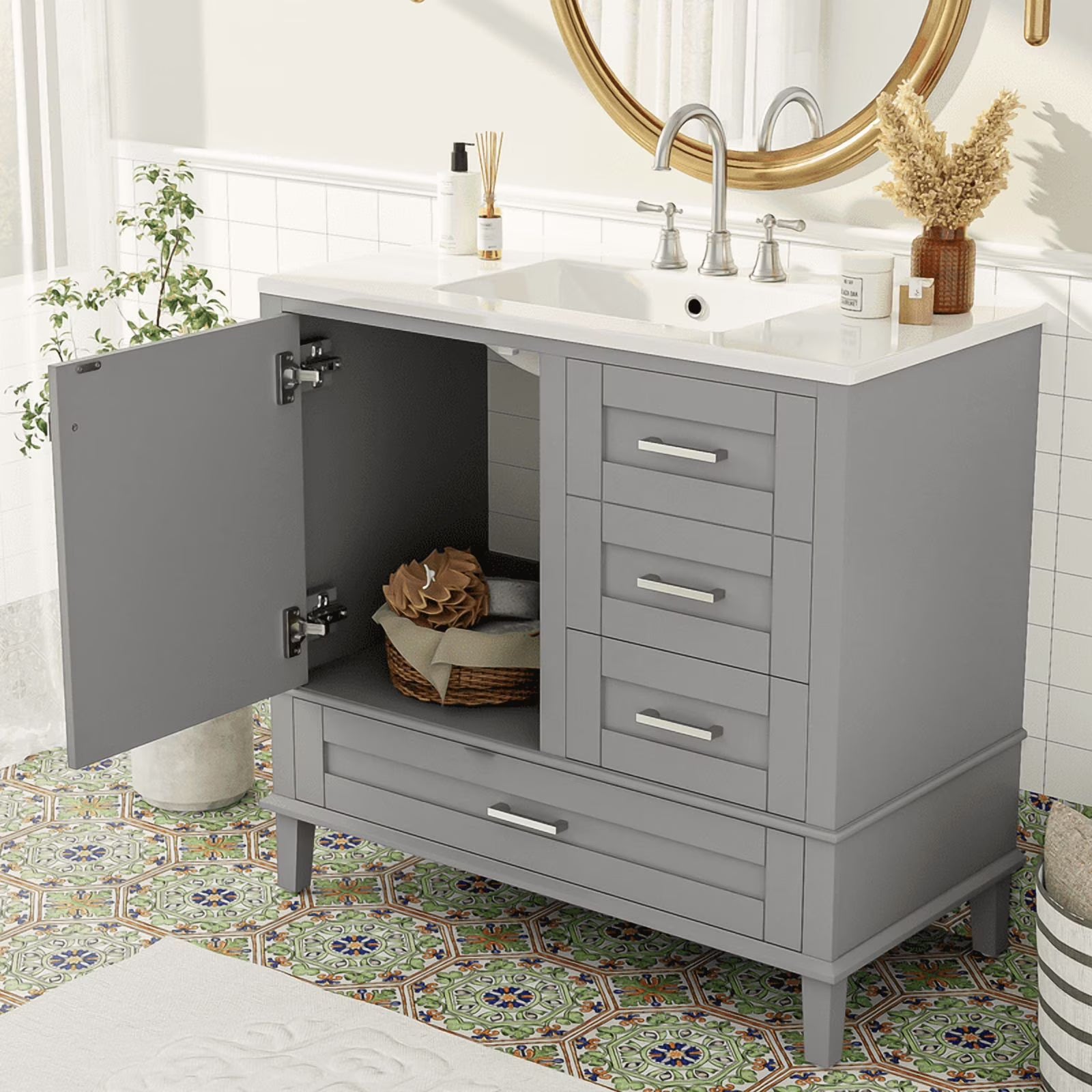 Bellemave 30" Bathroom Vanity with Sink, Cabinet with Sink Combo Set with Top, Bathroom Storage Cabinet with 3 Drawers and 1 Soft Closing Door, 30 Inch Vanity with Sink for Bathroom（White）