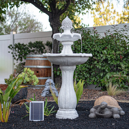 XBrand 44" H White Fiberglass/Resin 2-Tier Solar Water Fountain w/ Solar Panel and Auto-Shut Off Pump, Solar Garden Fountain, Tall Outdoor Fountain, Two Tiered Birdbath Fountain