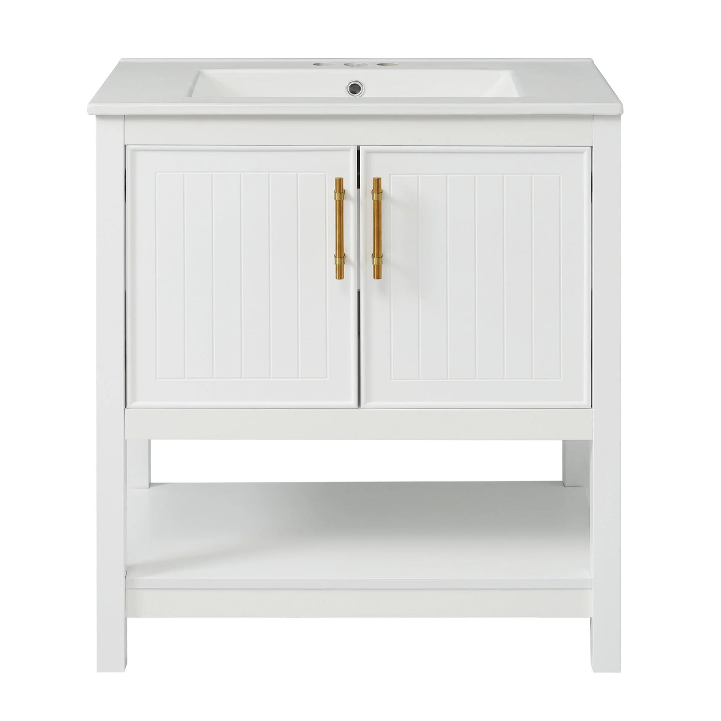 30" Freestanding Single Bathroom Vanity with Ceramic Top and Bottom Open Shelf, White