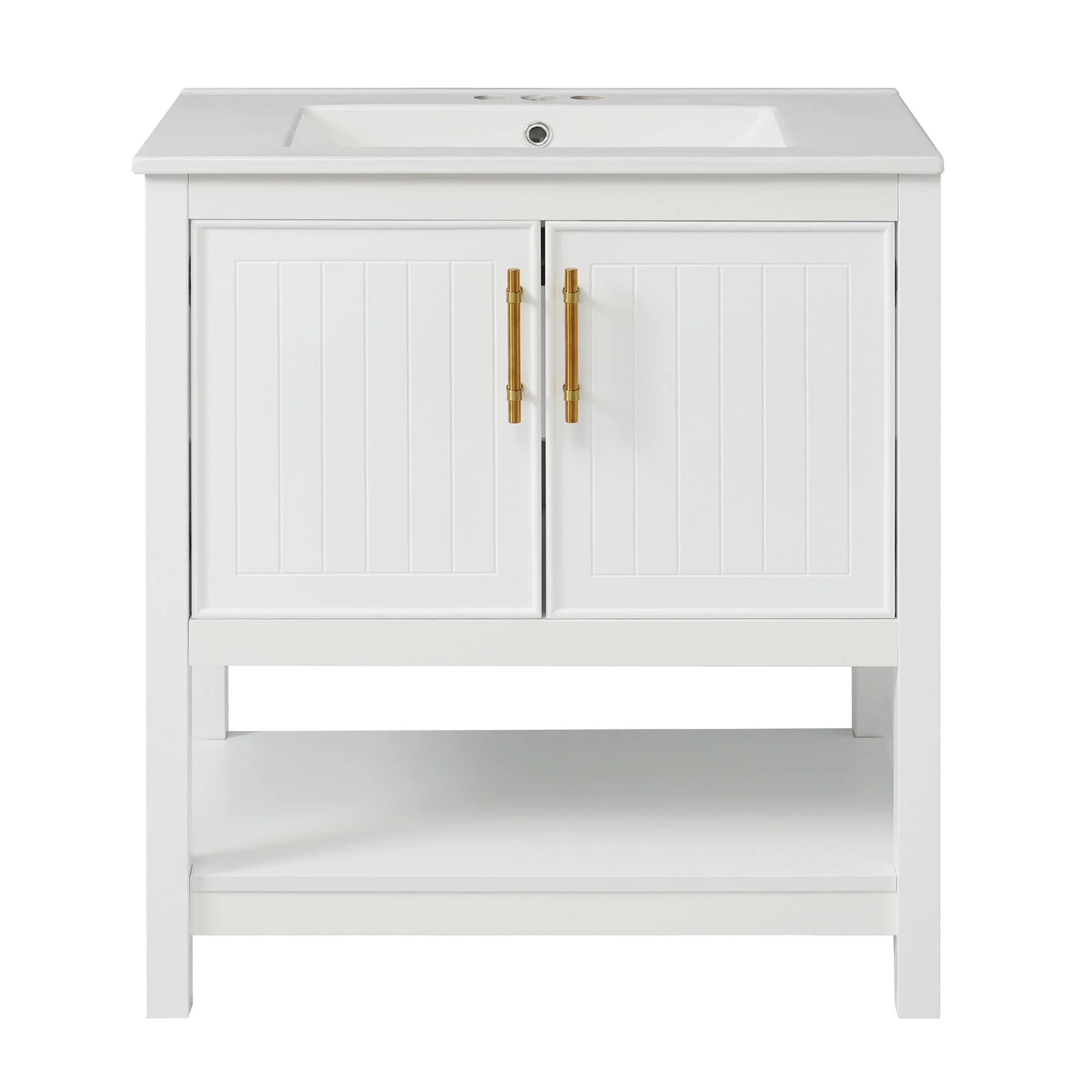 30" Freestanding Single Bathroom Vanity with Ceramic Top and Bottom Open Shelf, White